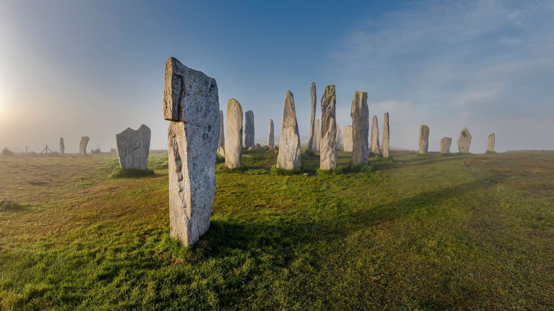 Ancient standing stones on Isle of Lewis at sunrise