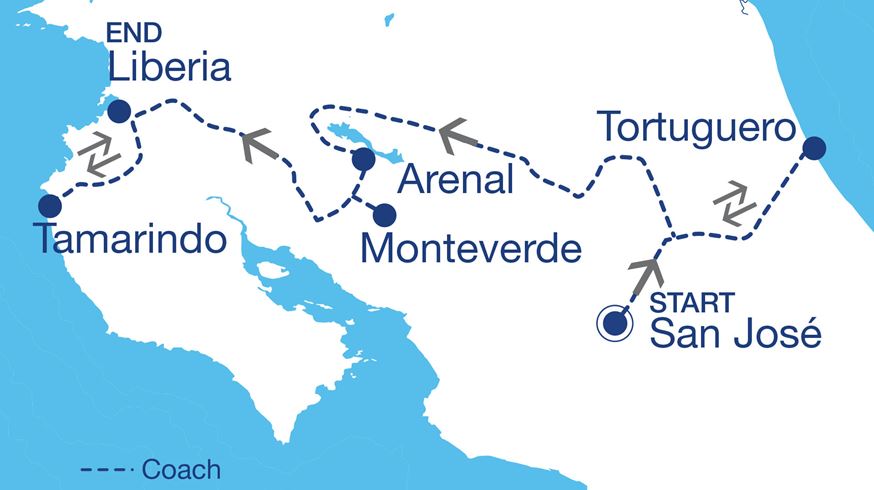 Simplified Pura Vida Paradise in Costa Rica Tour Map