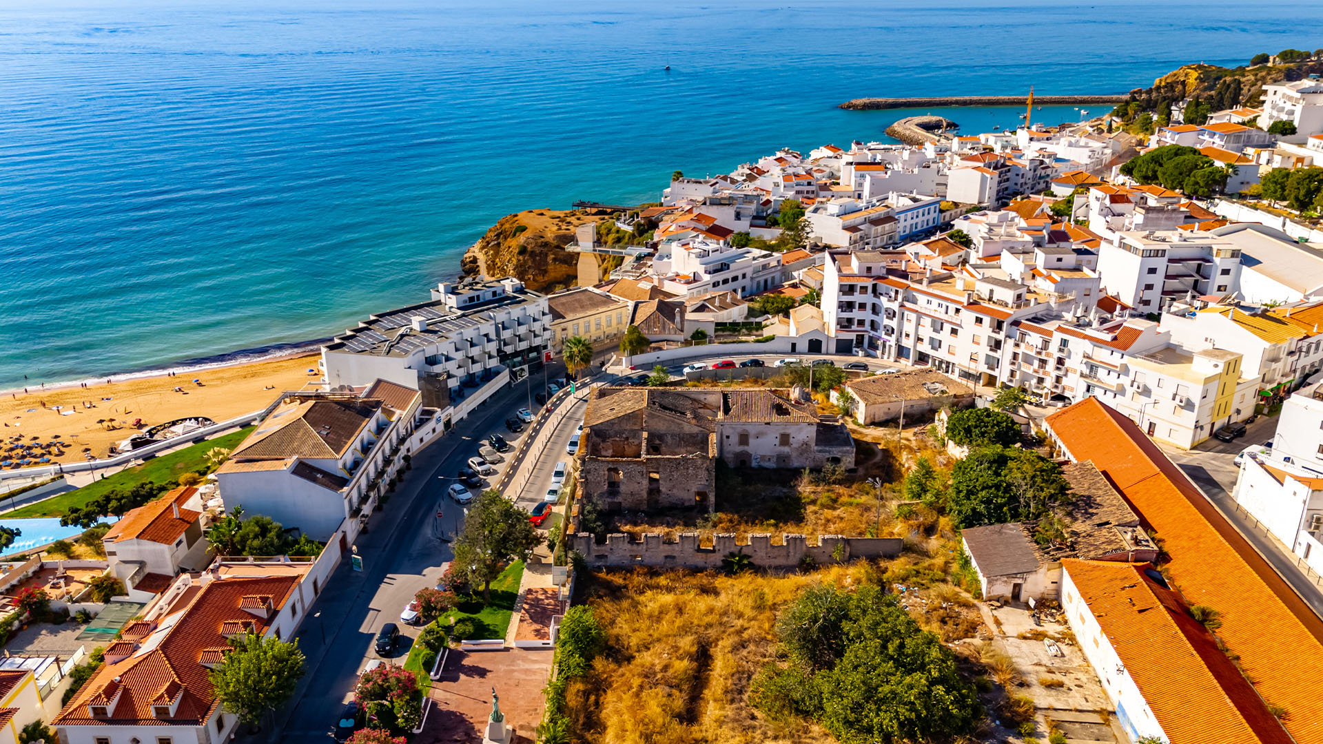 Aerial view of the old city in Albufeira by the ocean
