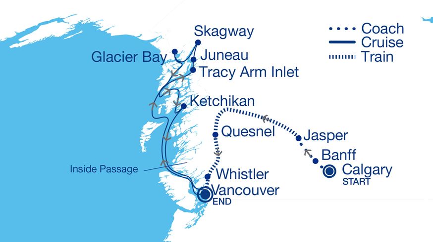 Simplified Rockies by Rail and Alaska by Sea Tour Map