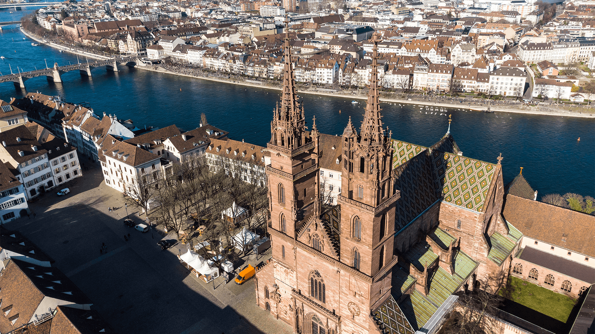 Aerial view of Basel Cathedral along the Rhine River