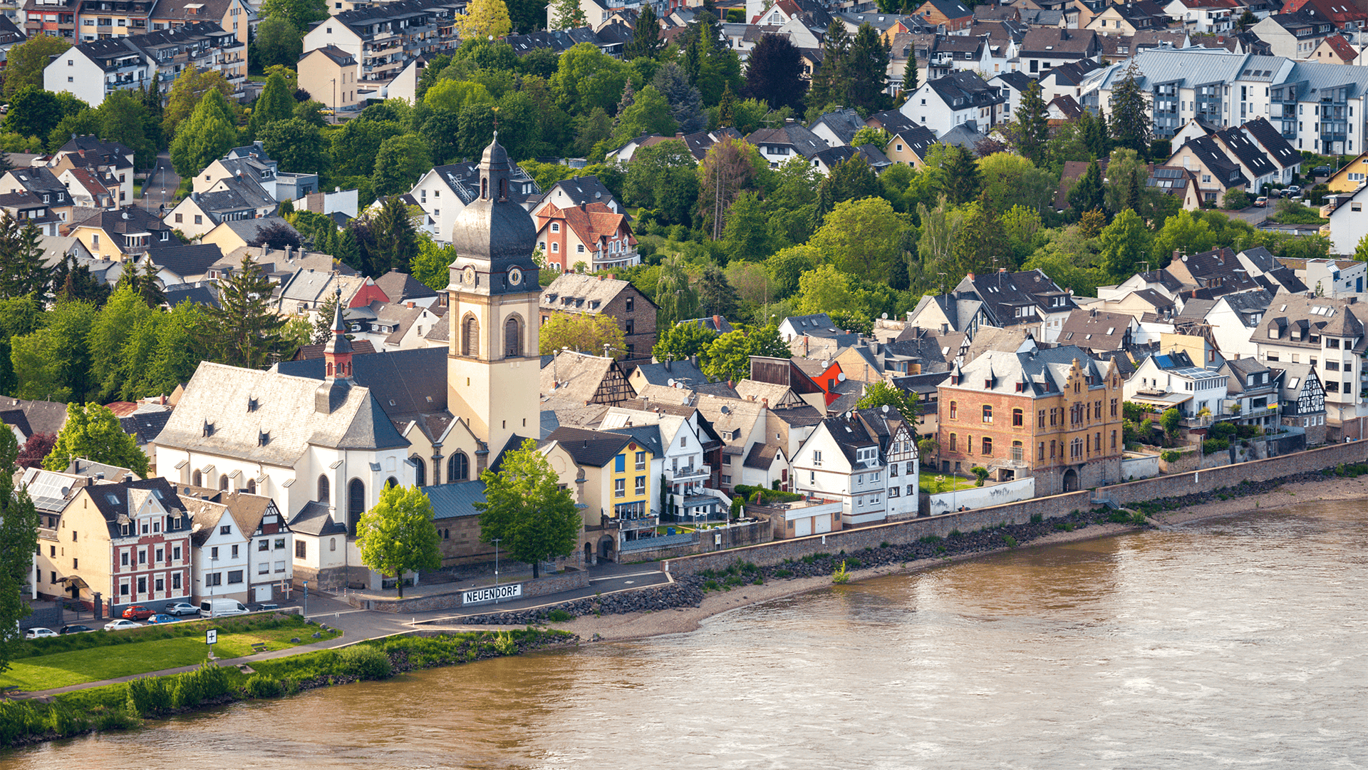 Aerial view of buildings on the bank of the Rhine river