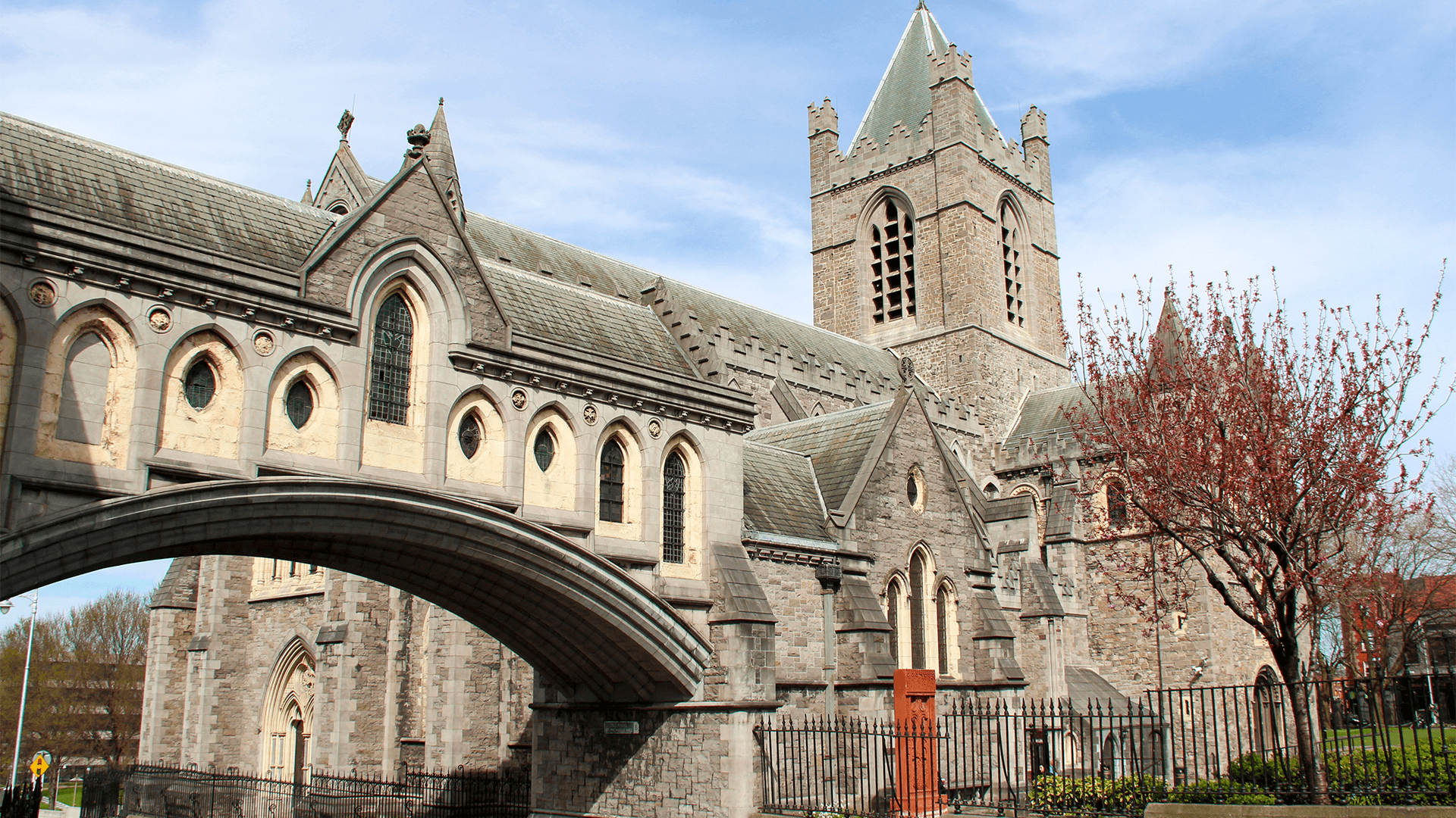 Christ Church stone cathedral with arched bridge
