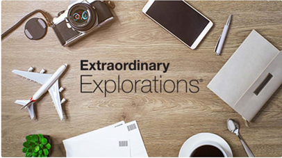 Extraordinary Explorations® logo with plane, camera, mobile phone, pen, and postcard